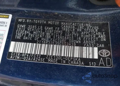 2005 Toyota Corolla S from USA, damaged, VIN 2T1BR32E35C553439